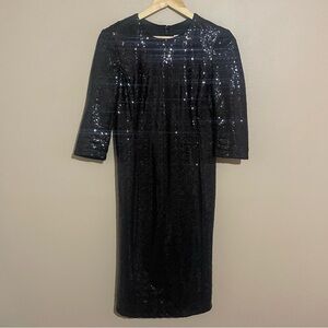 Eva Mendes Sequins Cocktail Midi dress with 3/4 Sleeves in Black